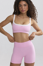 Contour Piped Performance Bra & Biker Short Set — Petal Pink/White (S–XL)