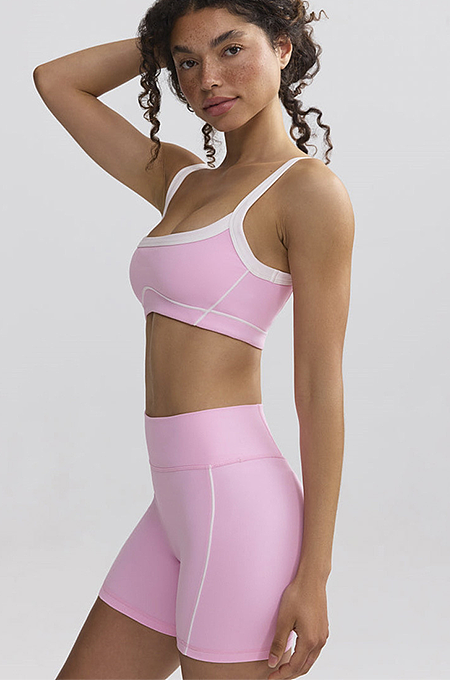 Contour Piped Performance Bra & Biker Short Set — Petal Pink/White (S–XL)