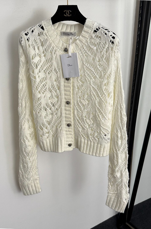 Christian Dior “Dentelle Blanche” Open-Knit Lace Cardigan with Jewel Buttons