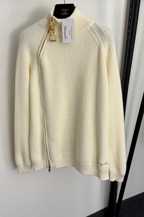 Schiaparelli “Élément Doré” Ribbed Wool Zip Sweater with Sculptural Gold Charm