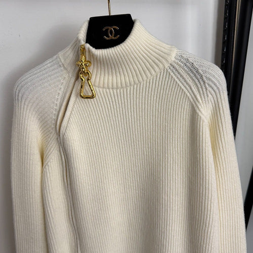 Schiaparelli “Élément Doré” Ribbed Wool Zip Sweater with Sculptural Gold Charm