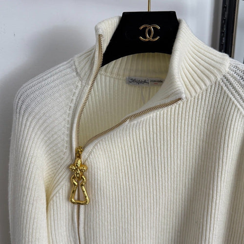 Schiaparelli “Élément Doré” Ribbed Wool Zip Sweater with Sculptural Gold Charm