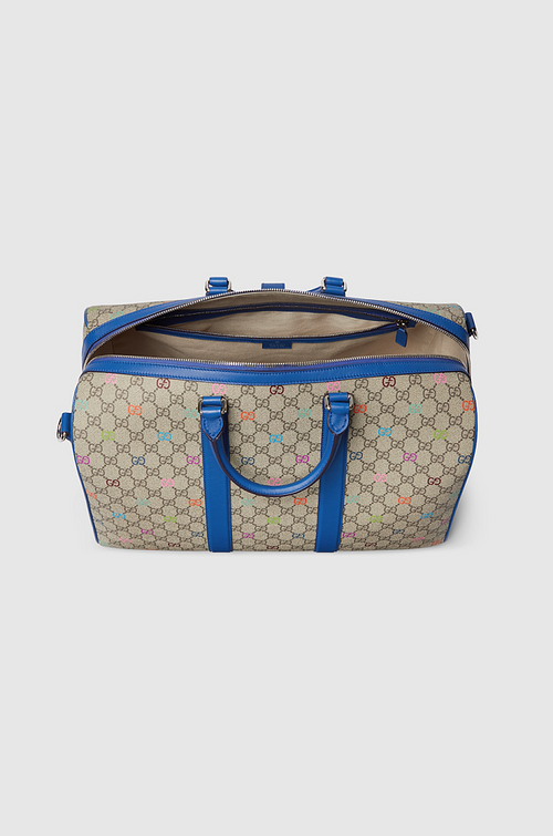 Gucci Ophidia GG Multicolor Supreme Duffel Bag with Blue Leather Trim
