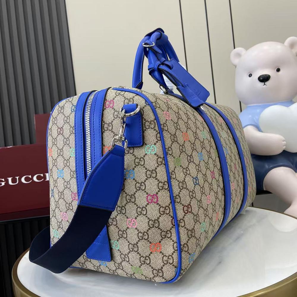 Gucci Ophidia GG Multicolor Supreme Duffel Bag with Blue Leather