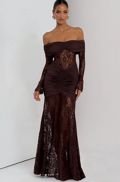 Café Nocturne Off-Shoulder Lace Gown