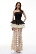 Maison Pétale Column Dress – Sculpted Peplum Gown in Noir & Ivory