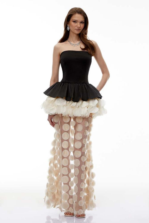 Maison Pétale Column Dress – Sculpted Peplum Gown in Noir & Ivory