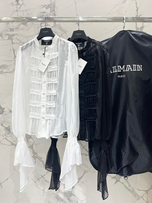 Balmain Sheer Military Pleated Blouse