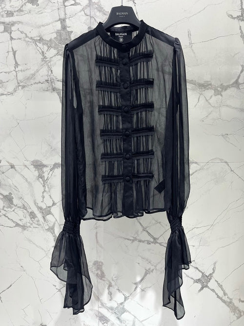 Balmain Sheer Military Pleated Blouse