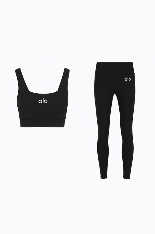 Alo Luxe Black Activewear Trio Set (Bra, Jacket & Leggings)