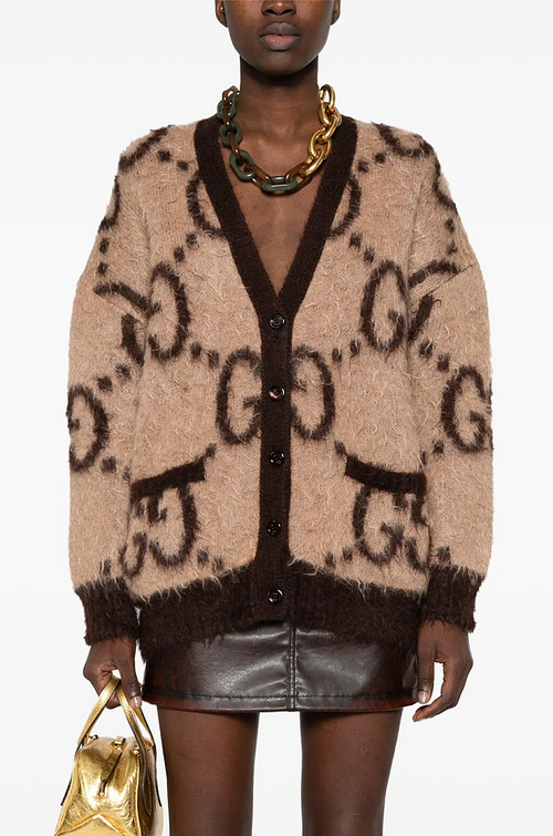 Gucci Jacquard Furry Knit Cardigan