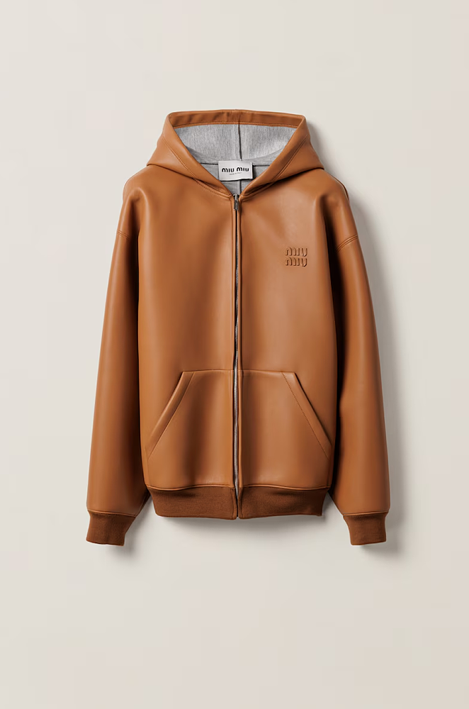 Miu Miu Faux Leather Zip-Up Hoodie – LUXE LIVING FASHIONS Miu Miu Faux Leather Zip-Up Hoodie – LUXE LIVING FASHIONS