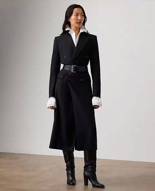 Pinstripe Power Double-Breasted Longline Blazer Coat