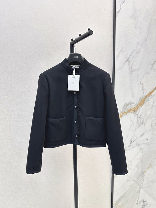 Dior Noir Cropped Jacket with Lace-Trim Mandarin Collar