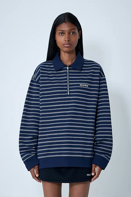 Miu Miu Striped Half-Zip Polo Sweatshirt – Navy Edition