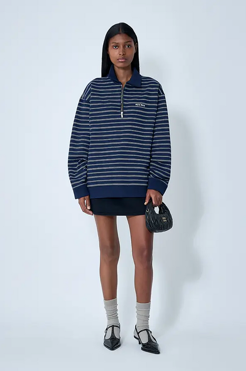 Miu Miu Striped Half-Zip Polo Sweatshirt – Navy Edition