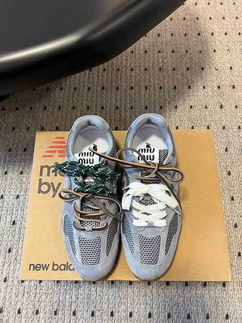 Miu Miu x New Balance Grey Suede Mesh Sneakers – Dual Lace Edition (EU 36–44)