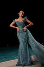 “Sirena di Cristallo” Embellished Off-Shoulder Mermaid Gown with Flowing Tulle Train (S–L)