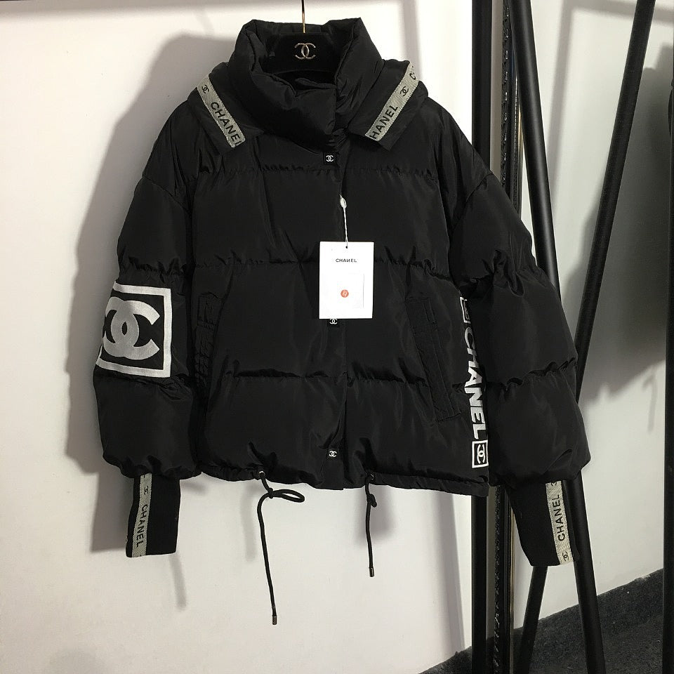 CHANEL Quilted Down Puffer Jacket with CC Sleeve Patch – Black