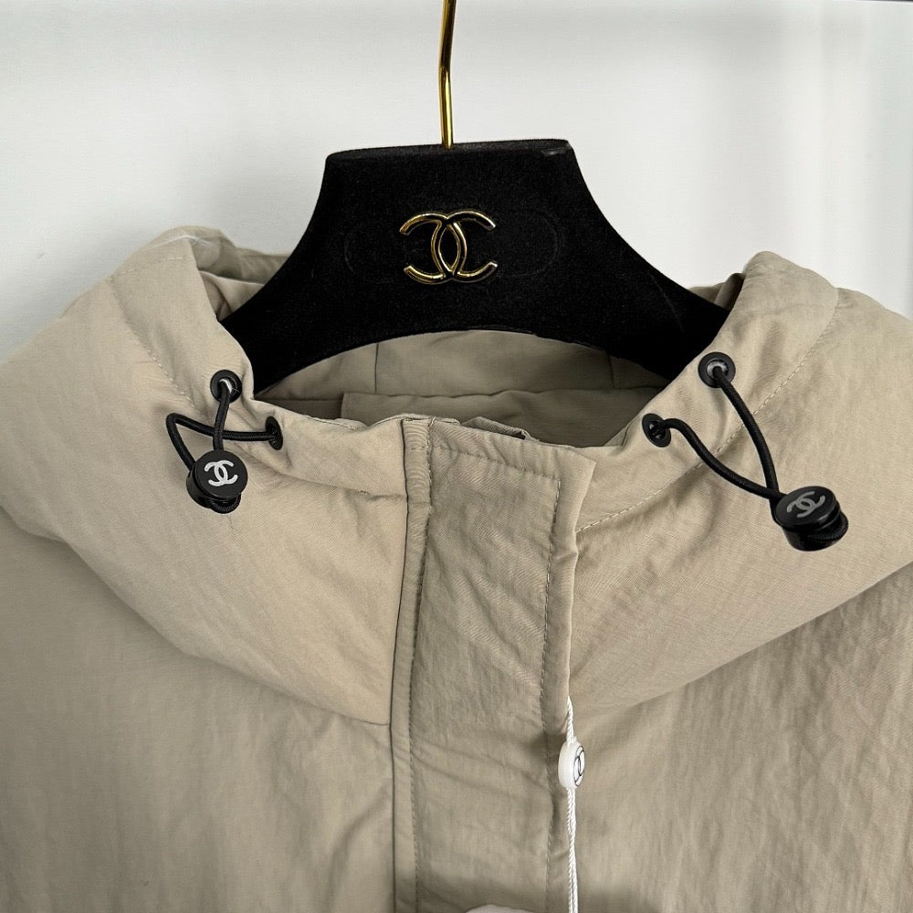 CHANEL Hooded Utility Jacket with CC Patches – Khaki Beige – LUXE