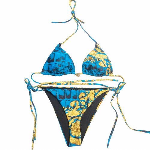 Versace Barocco Print Triangle Bikini Set with Medusa Medallion