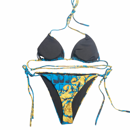 Versace Barocco Print Triangle Bikini Set with Medusa Medallion