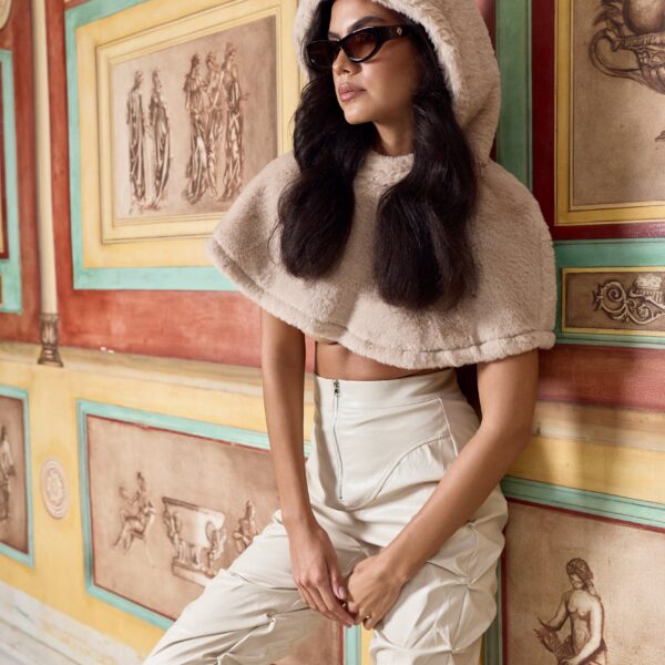 "Sands of St. Moritz” Luxe Faux-Fur Cropped Cape Hoodie