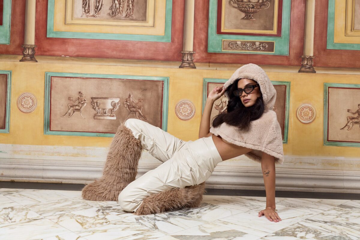 "Sands of St. Moritz” Luxe Faux-Fur Cropped Cape Hoodie - Image 3