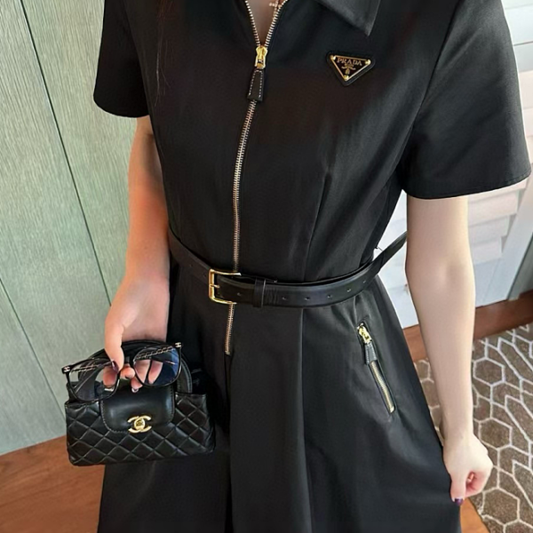 Prada-Zip-Front Belted Shirt Dress with Triangle Logo