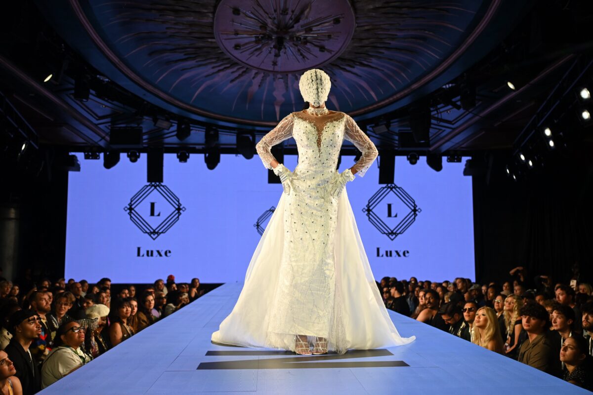 “Empress” Crystal-Embellished Off-Shoulder Gown with Regal Draped Trains - Image 7