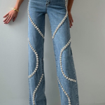 ‘Estelle’ Denim Rhinestone Straight Jeans