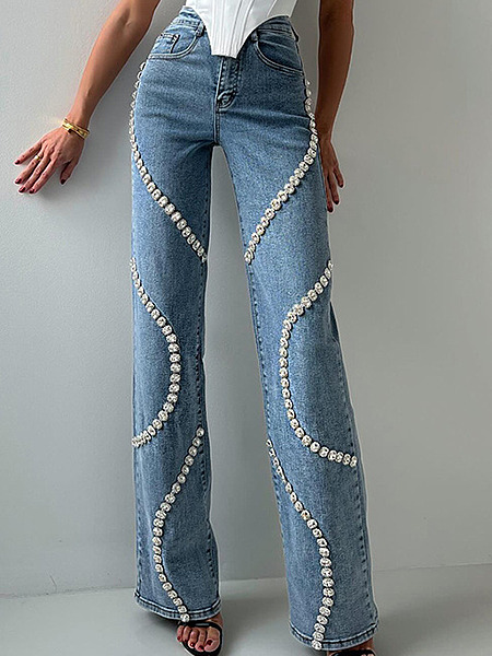 ‘Estelle’ Denim Rhinestone Straight Jeans