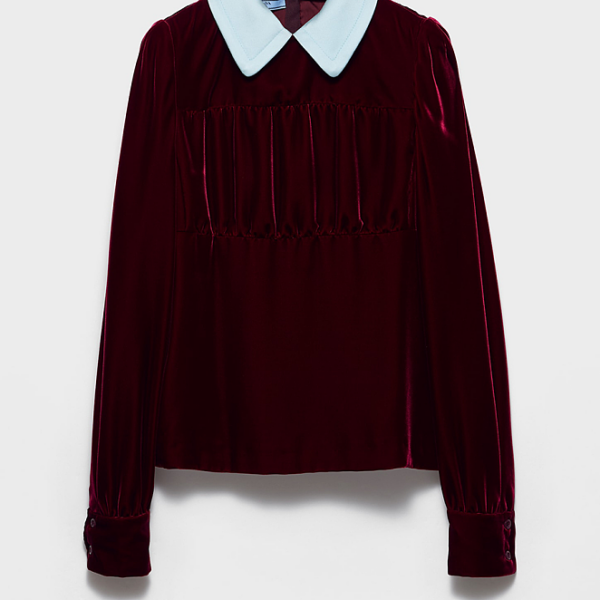 Prada Velvet Blouse with Contrast Collar – Bordeaux Rouge