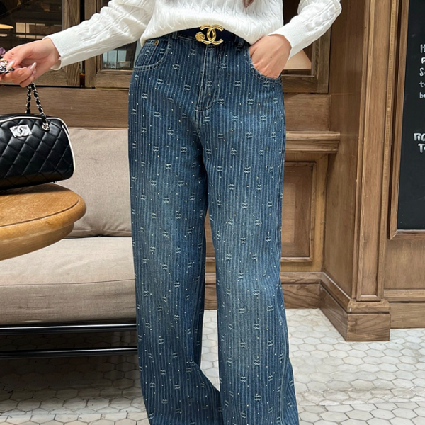 Chanel Pinstripe Icon Motif Wide-Leg Denim Trousers