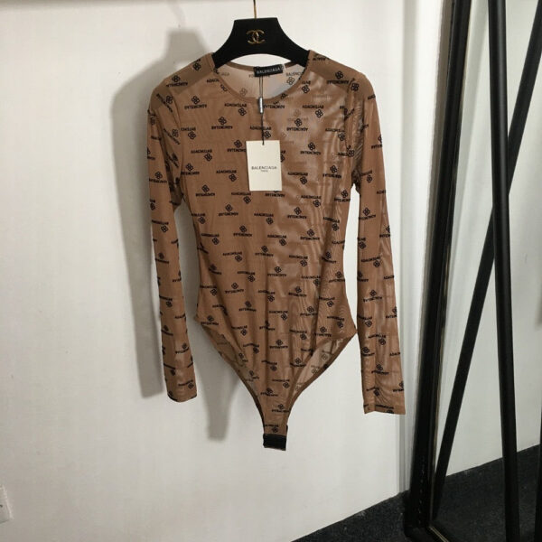Balenciaga All-Over Logo Sheer Mesh Bodysuit