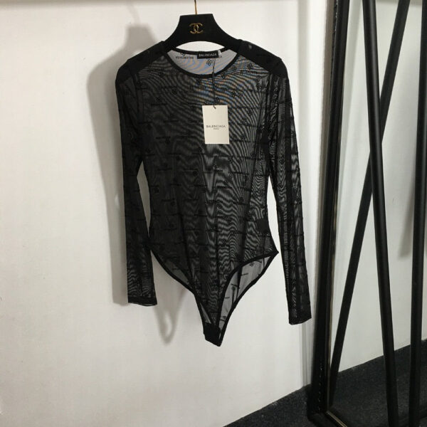 Balenciaga All-Over Logo Sheer Mesh Bodysuit