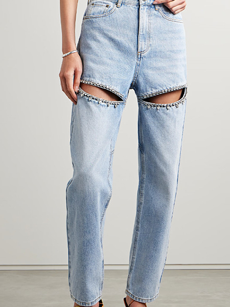‘Peek A Boo’ Lover Rhinestone Wide Leg Jeans
