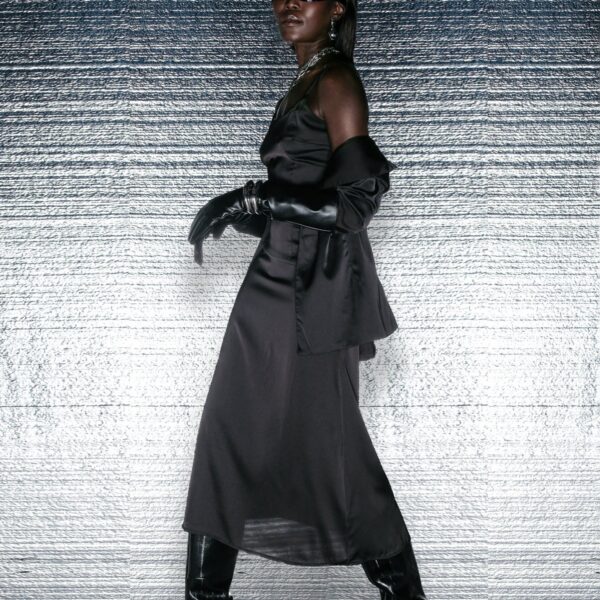“L’Esprit Sombre” – Satin Silhouette & Tailored Blazer Set (Noir Edition)