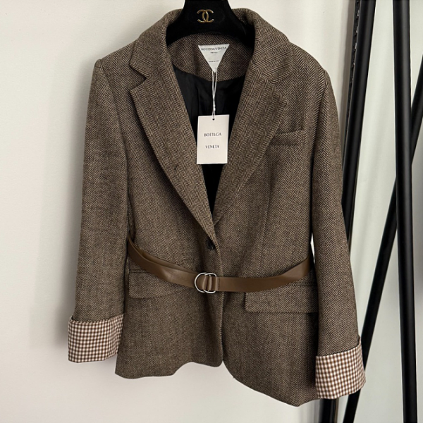 Bottega Veneta Inspired Herringbone Belted Blazer