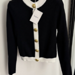 Balmain Black/White Ribbed Knit Cardigan with Gold Medallion Buttons