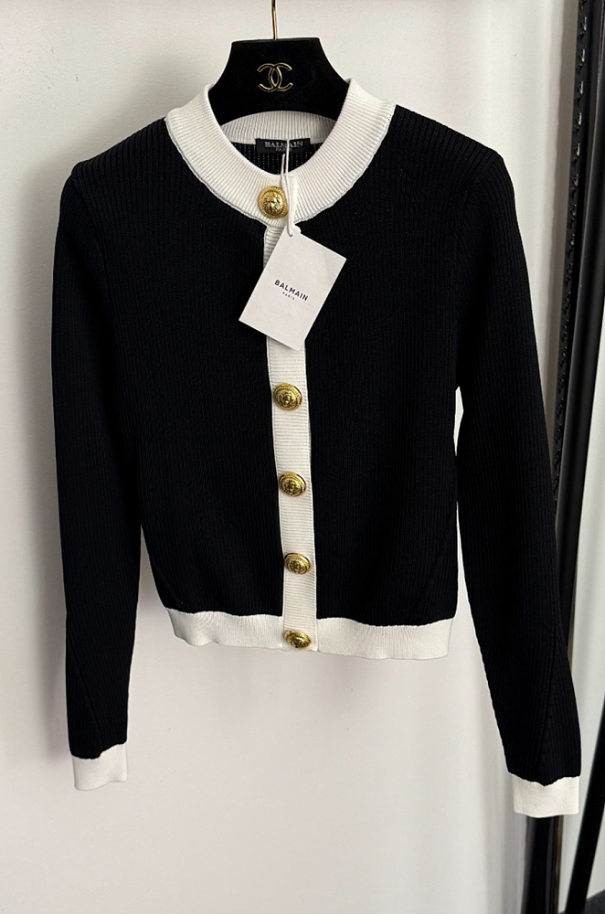 IMG_0186.png Balmain Black/White Ribbed Knit Cardigan with Gold Medallion Buttons - Image 1