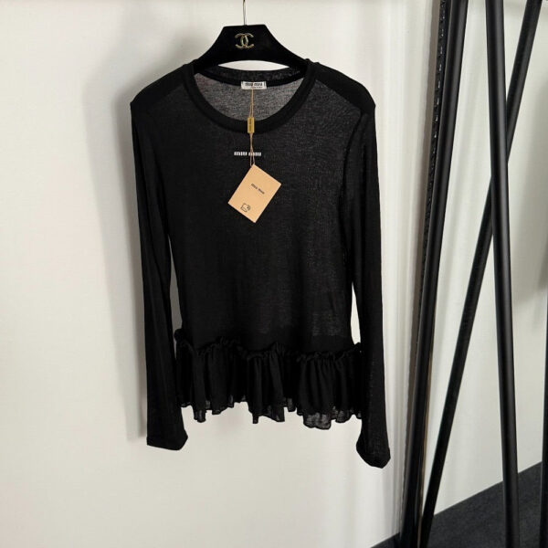 Miu Miu Sheer Peplum Hem Long Sleeve Top