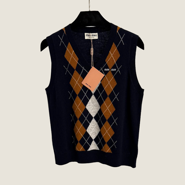 Miu Miu Argyle Knit Sleeveless Sweater Vest