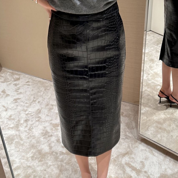 Saint Laurent Noir Croc-Embossed Leather Pencil Skirt