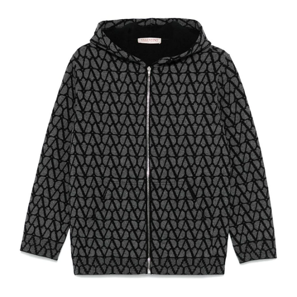 Valentino Jacquard V-Pattern Wool-Blend Zip Hoodie – Charcoal Grey