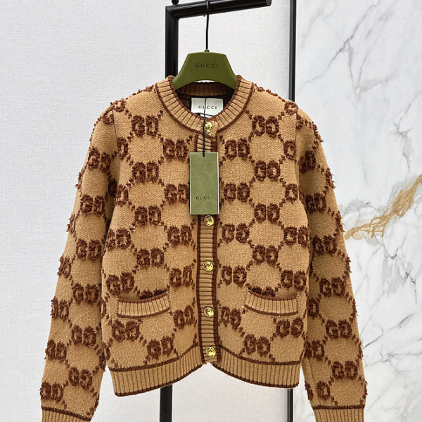 Gucci GG Textured Knit Cardigan – Camel Brown