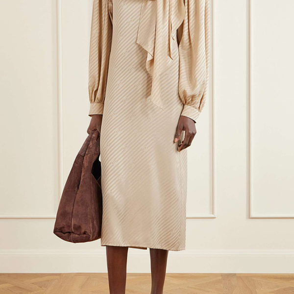 GUCCI GG Jacquard Silk Tie-Neck Midi Dress