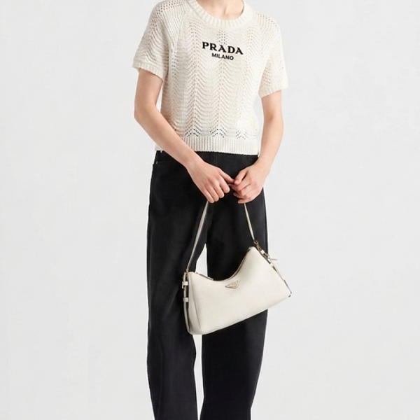 PRADA Openwork Logo Knit Cropped Top – Ivory