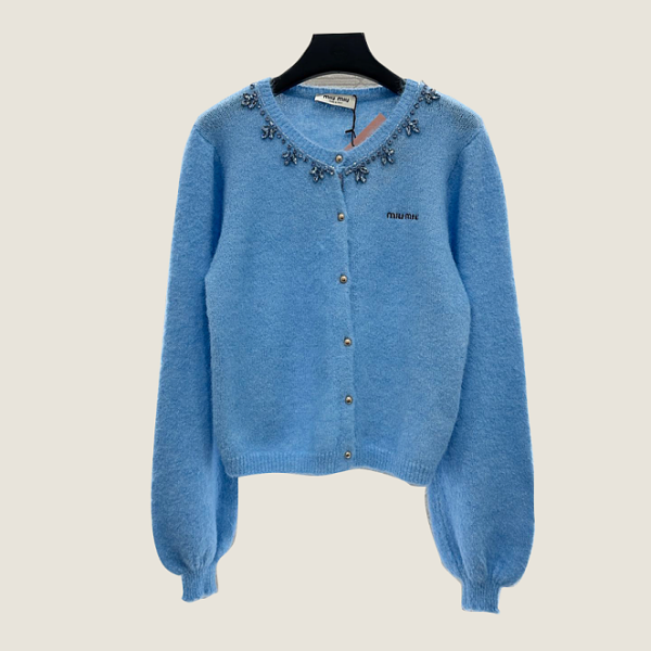 Miu Miu Azzura Perlée” Crystal-Trim Knit Cardigan