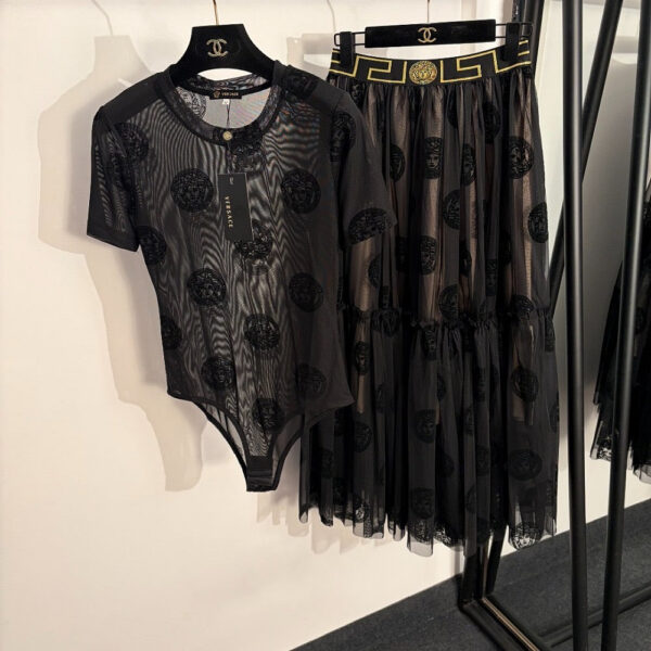 Versace Medusa Flocked Mesh Bodysuit; Greca Tulle Midi Skirt Set